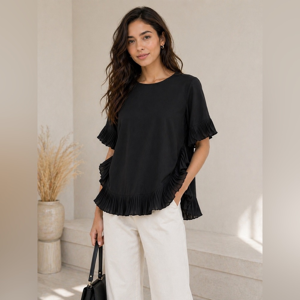 Carmen Marc Valvo Pleated-Trim Elbow-Sleeve Blouse - Picture 1 of 14